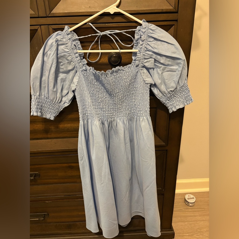 Hill House Light Blue Smocked Puff Sleeve Dress